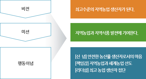 비전 : 최고수준의 지역농업 생산자가 된다. / 미션 : 지역농업과 지역식품 발전에 기여한다. / 행동이념 : [신  념] 안전한 농산물 생산자로서의 마음 [책임감] 지역농업과 세계농업 선도 [리더쉽] 최고 농업 생산자 집단