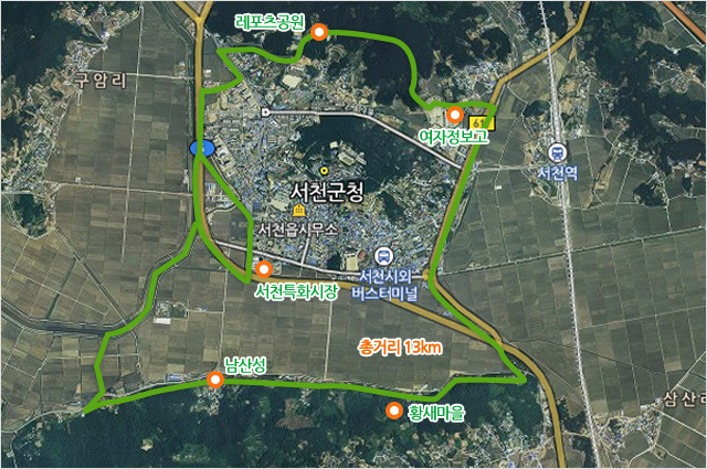 남산길 보행코스 : 서천특화시장→판교천→남산성→레포츠공원→서천특화시장(13km, 180분소요)